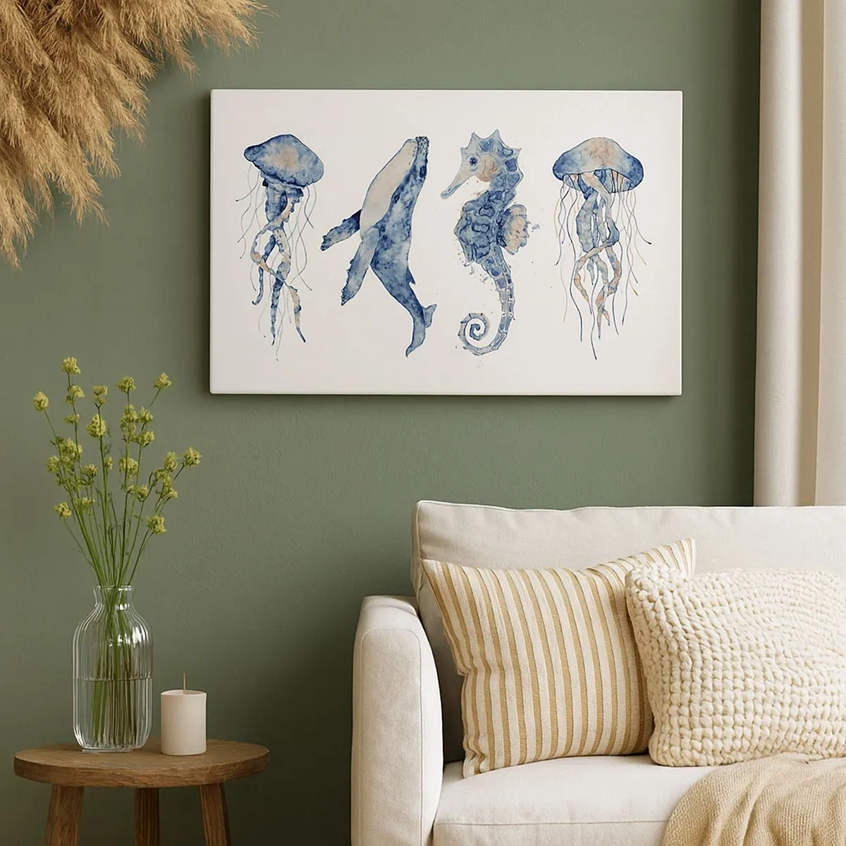 Tablou pe pânză Canvas - Meduze, balene și căluți de mare în stil acuarelă - 70x50cm - Fauna marină sălbatică - Decorațiune modernă pentru perete pentru living și dormitor ARTTOR