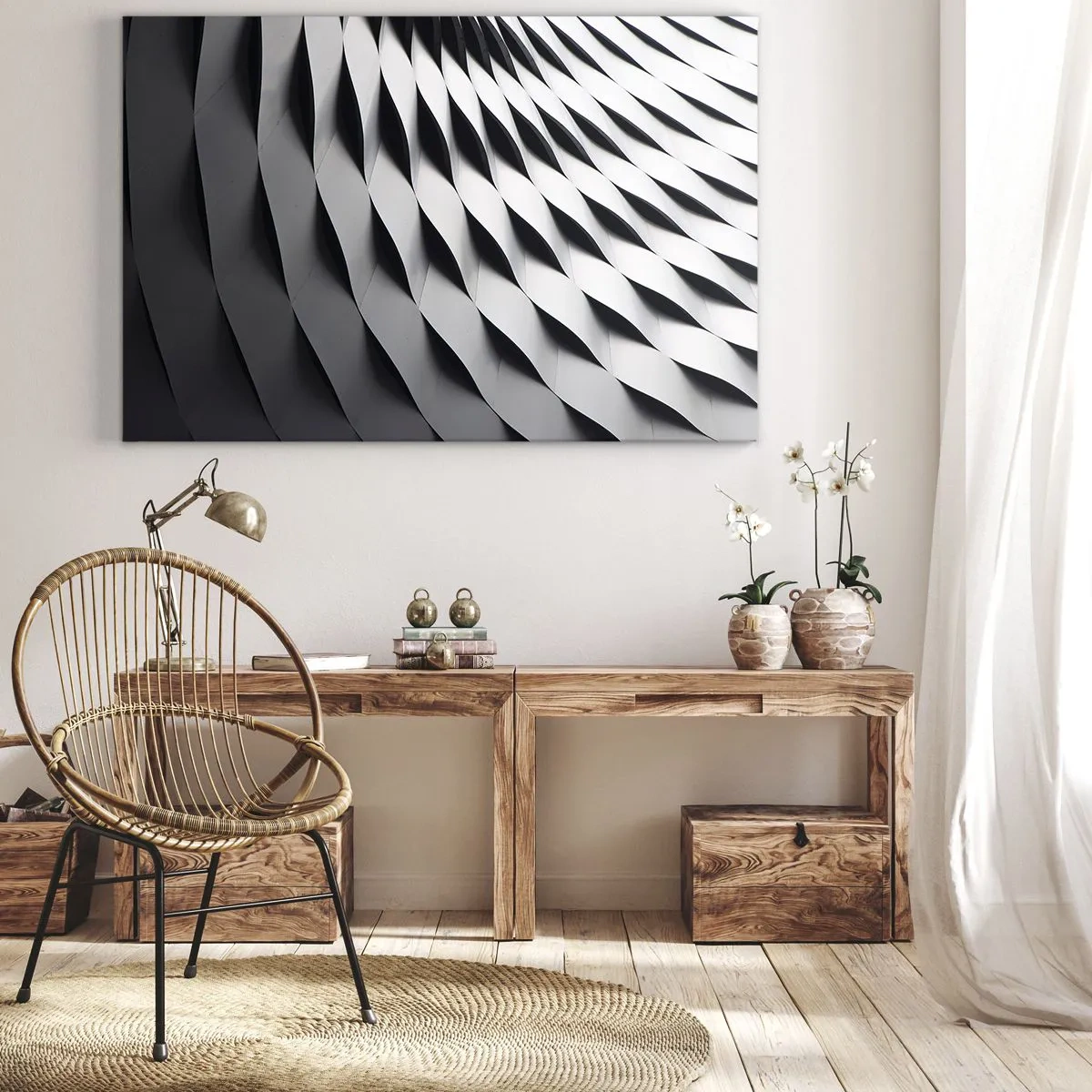 Tablou pe pânză Canvas - Model geometric abstract în nuanțe de alb și negru - 70x50cm - Pe suprafața valurilor - Decorațiune modernă pentru perete pentru living și dormitor ARTTOR