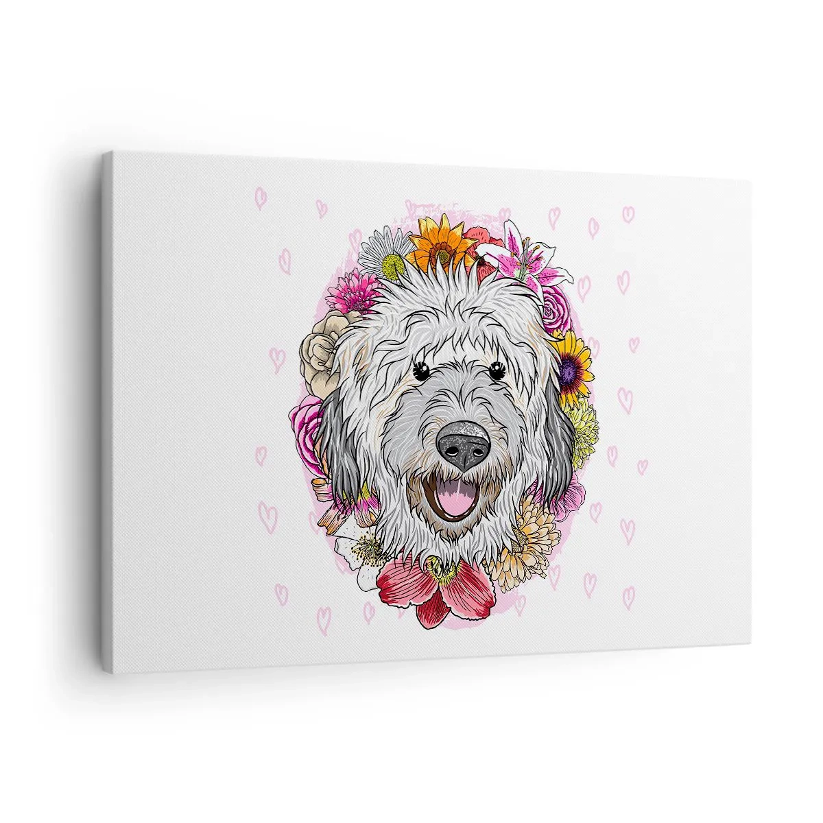 Tablou pe pânză Canvas - Un câine înconjurat de flori colorate - 70x50cm - Bucuria cățelușului - Decorațiune modernă pentru perete pentru living și dormitor ARTTOR