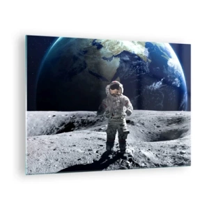 Tablou pe sticlă - Astronautul pe suprafața Lunii cu Pământul în fundal - 70x50cm - Salutări de pe Lună - Decorațiune modernă pentru perete pentru living și dormitor ARTTOR