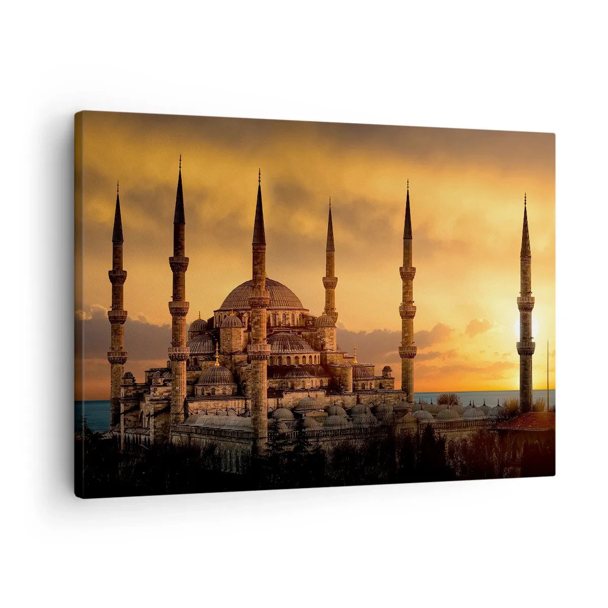 Tablou pe pânză Canvas - Moscheea la apus în culori calde - 70x50cm - Dumnezeu este mare - Decorațiune modernă pentru perete pentru living și dormitor ARTTOR