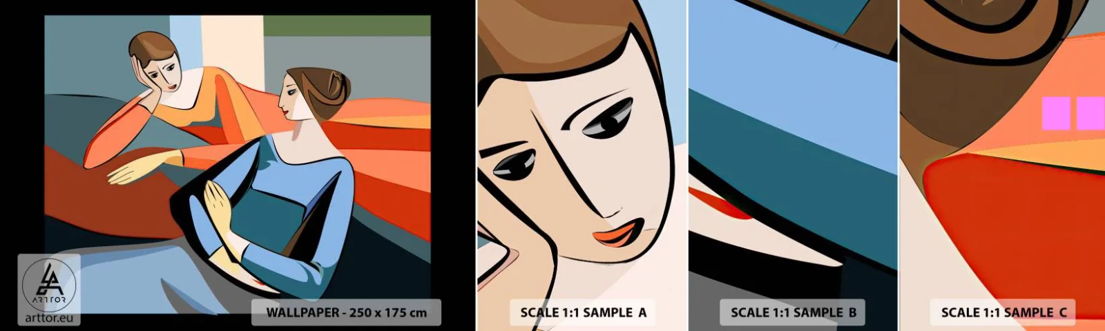 Mostră de Tapet Standard Eco - Un moment de confidențe - Cubism, Portret, femei - 100x30 cm