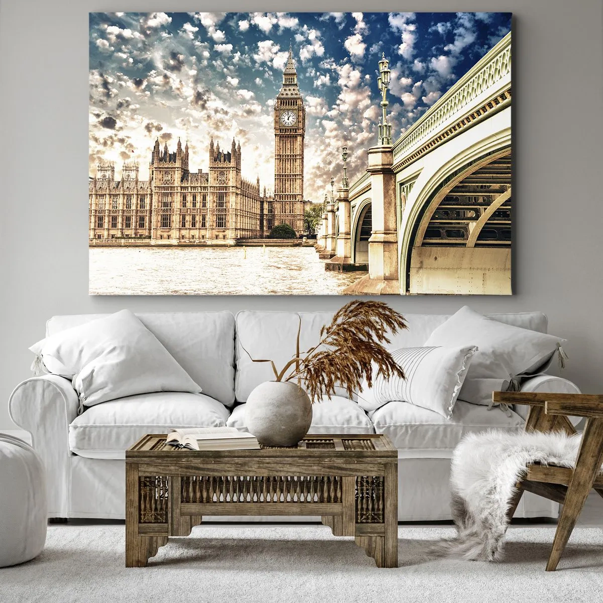 Tablou pe pânză Canvas - Big Ben și Podul Westminster luminate de soarele din Londra - 70x50cm - Nori de pene deasupra Tamisei - Decorațiune modernă pentru perete pentru living și dormitor ARTTOR