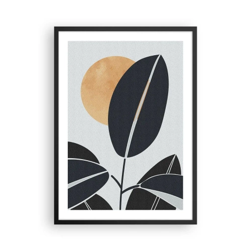 Poster în ramă neagră - O compoziție minimalistă de frunze pe fundalul soarelui - 50x70cm - Ziua unei veri fierbinți - Decorațiune modernă pentru perete pentru living și dormitor ARTTOR
