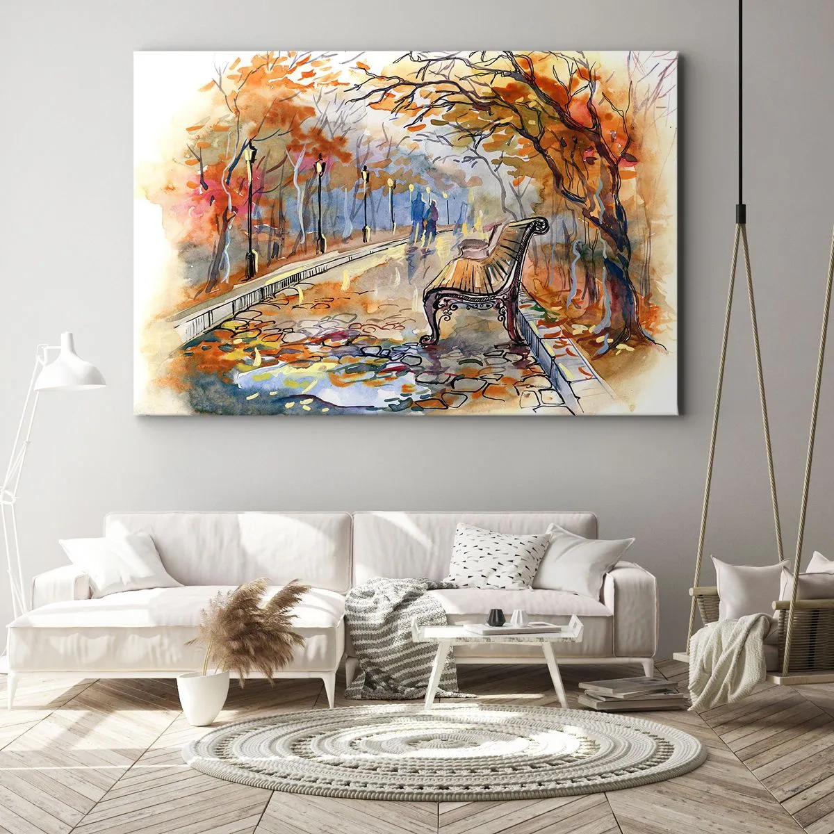 Tablou pe pânză Canvas - Un parc de toamnă cu o bancă în acuarelă - 70x50cm - Pășim împreună în toamnă - Decorațiune modernă pentru perete pentru living și dormitor ARTTOR