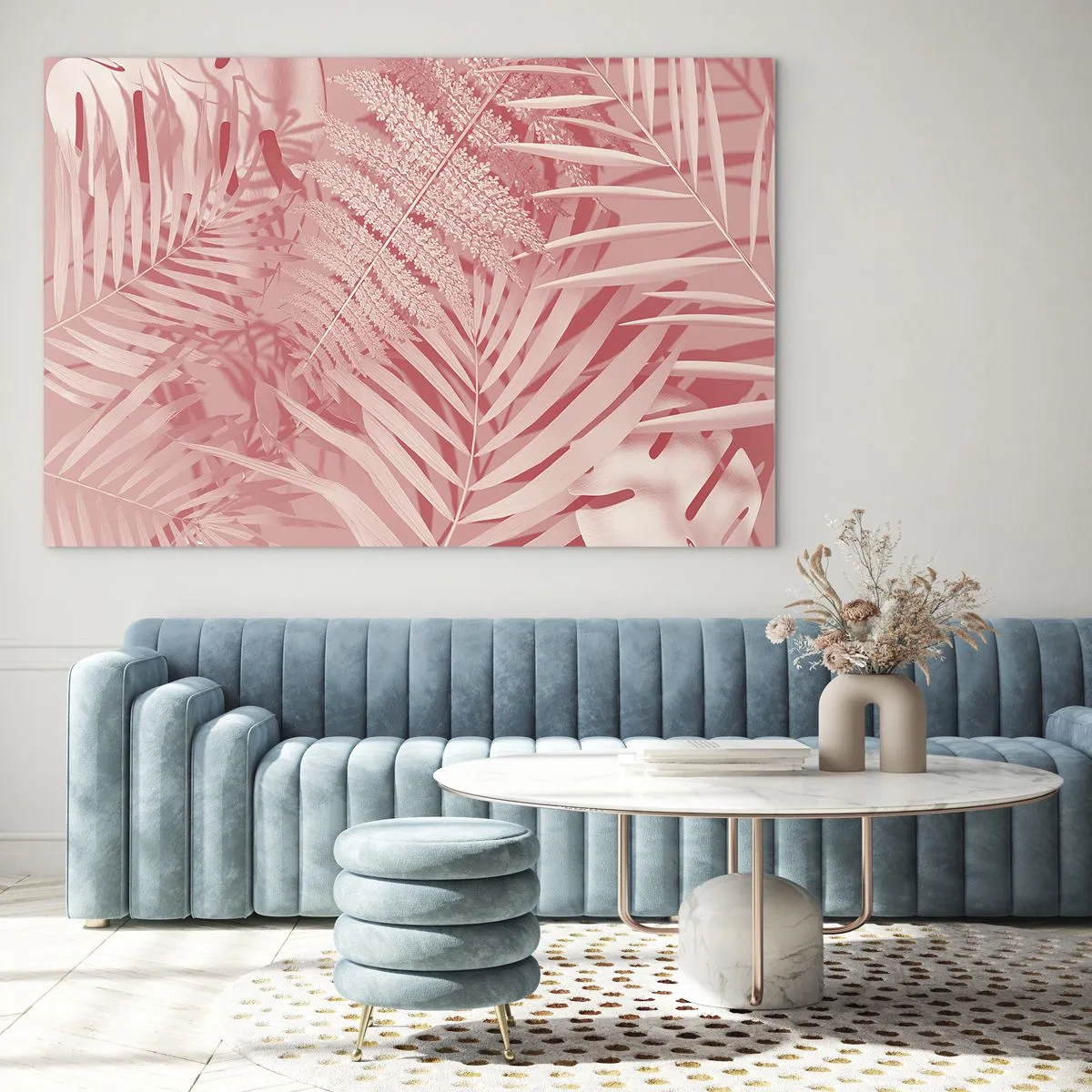 Tablou pe sticlă - Frunze tropicale roz într-o compoziție modernă - 70x50cm - Conceptul roz - Decorațiune modernă pentru perete pentru living și dormitor ARTTOR