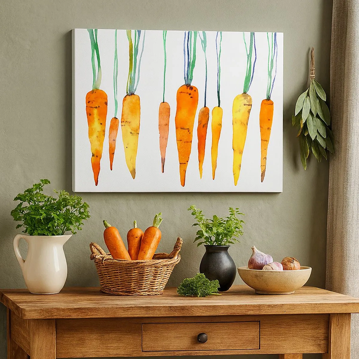 Tablou pe pânză Canvas - Morcovi în acuarelă în diferite nuanțe pe fundal alb - 70x50cm - Frumusețea banalității - Decorațiune modernă pentru perete pentru living și dormitor ARTTOR