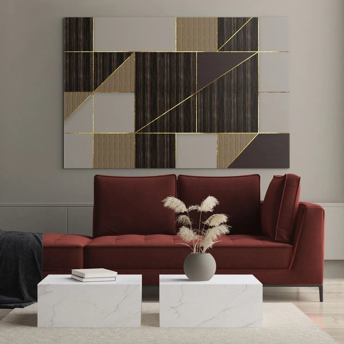 Tablou pe sticlă - Mozaic abstract cu elemente maro și aurii - 70x50cm - Un mozaic de maro și auriu - Decorațiune modernă pentru perete pentru living și dormitor ARTTOR