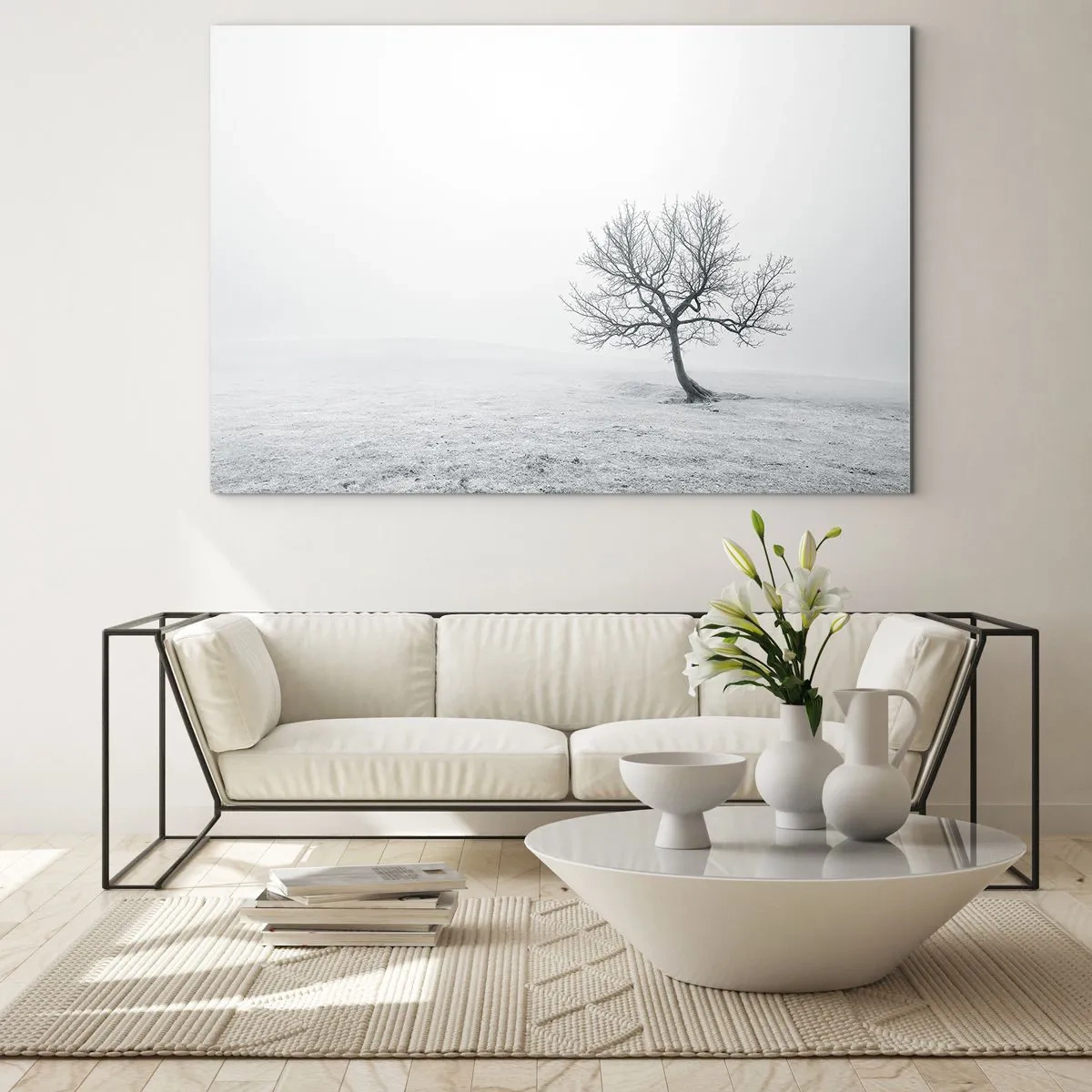 Tablou pe sticlă - Un copac singuratic pe fundalul ceții, într-o compoziție monocromatică - 70x50cm - Împotriva neantului - Decorațiune modernă pentru perete pentru living și dormitor ARTTOR