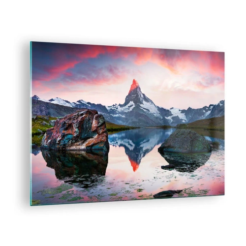 Tablou pe sticlă - Un vârf de munte reflectat în suprafața calmă a unui lac la apus - 70x50cm - Inima munților este fierbinte - Decorațiune modernă pentru perete pentru living și dormitor ARTTOR