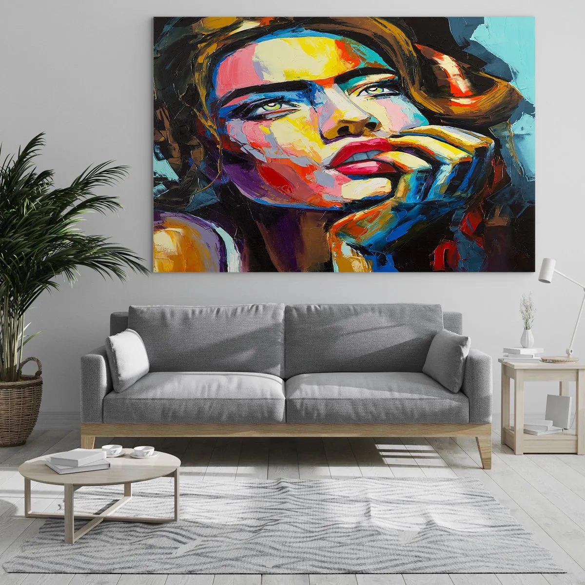 Tablou pe sticlă - Portretul unei femei în culori abstracte intense - 70x50cm - Visele ca niște păsări se înalță pe cer - Decorațiune modernă pentru perete pentru living și dormitor ARTTOR