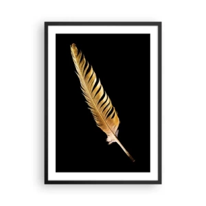 Poster în ramă neagră - Pană de aur pe fundal negru - 50x70cm - Pană aurie perfectă - Decorațiune modernă pentru perete pentru living și dormitor ARTTOR