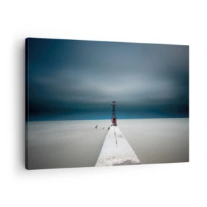 Tablou pe pânză Canvas - Un far la capătul unui dig de beton într-un peisaj auster - 70x50cm - Pentru a întâlni infinitul - Decorațiune modernă pentru perete pentru living și dormitor ARTTOR
