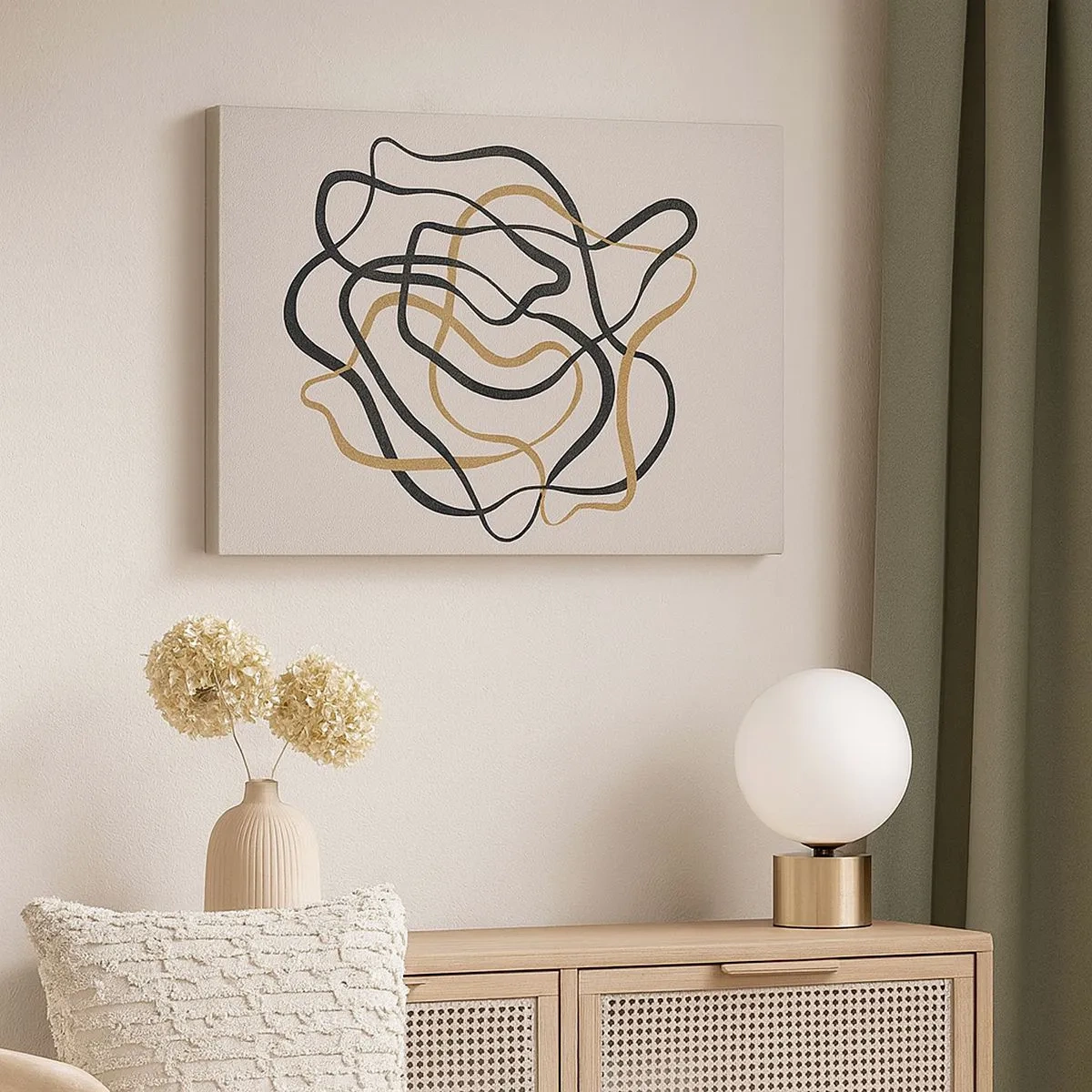 Tablou pe pânză Canvas - Linii încâlcite în negru și auriu pe un fundal deschis - 70x50cm - Totul s-a încurcat - Decorațiune modernă pentru perete pentru living și dormitor ARTTOR