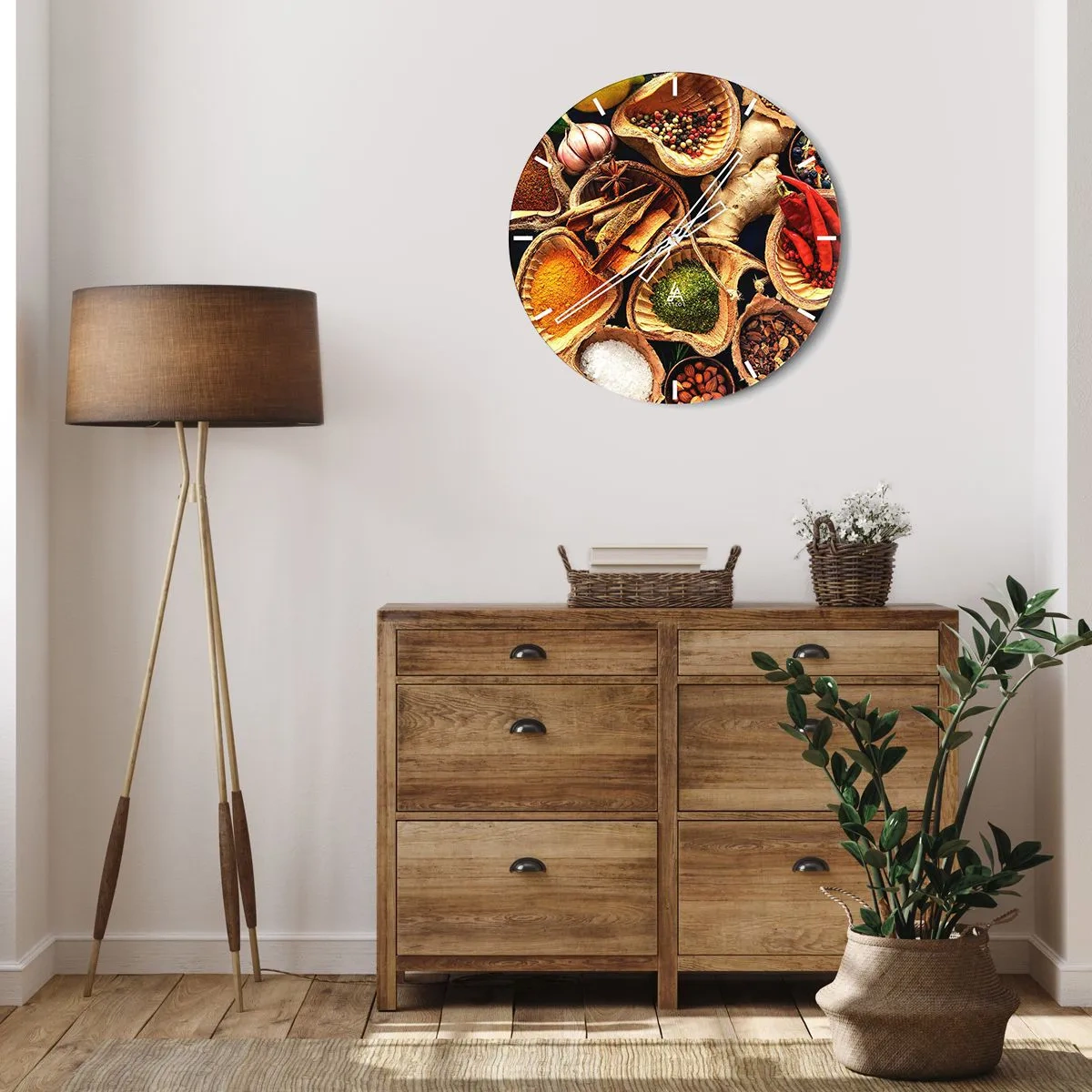 Ceas de perete - Ceas pe sticlă - O compoziție de condimente în boluri de lemn - 30x30cm - Ia ce vrei - Decorațiune modernă pentru perete pentru living, bucătărie și dormitor ARTTOR