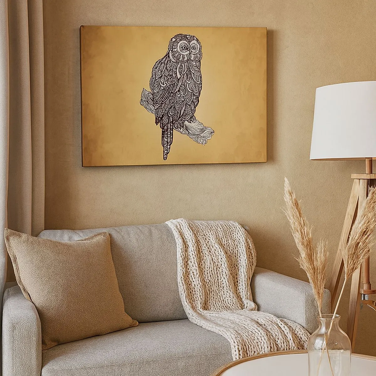 Tablou pe pânză Canvas - O bufniță în stil ornamental pe un fundal bej - 70x50cm - Ornamente complicate de înțelepciune - Decorațiune modernă pentru perete pentru living și dormitor ARTTOR