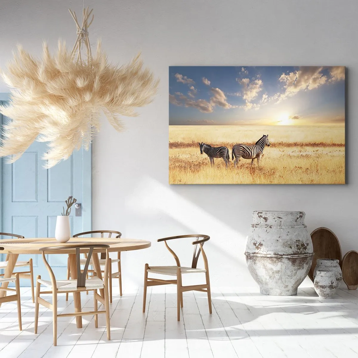 Tablou pe pânză Canvas - Două zebre pe savană în razele soarelui apus - 70x50cm - Plecați, nu tulburați liniștea - Decorațiune modernă pentru perete pentru living și dormitor ARTTOR