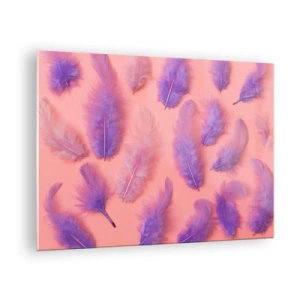 Tablou pe sticlă - Pene violete pe un fundal roz într-o compoziție delicată - 70x50cm - Pasăre liliac de dorință - Decorațiune modernă pentru perete pentru living și dormitor ARTTOR