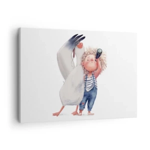 Tablou pe pânză Canvas - Ilustrație a unui copil cu un pelican și un telescop în mână - 70x50cm - Un plan pentru o călătorie minunată - Decorațiune modernă pentru perete pentru living și dormitor ARTTOR
