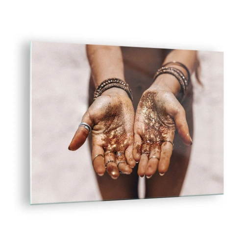 Tablou pe sticlă - Mâini deschise cu sclipici în lumină caldă - 70x50cm - Un cadou pentru tine - Decorațiune modernă pentru perete pentru living și dormitor ARTTOR