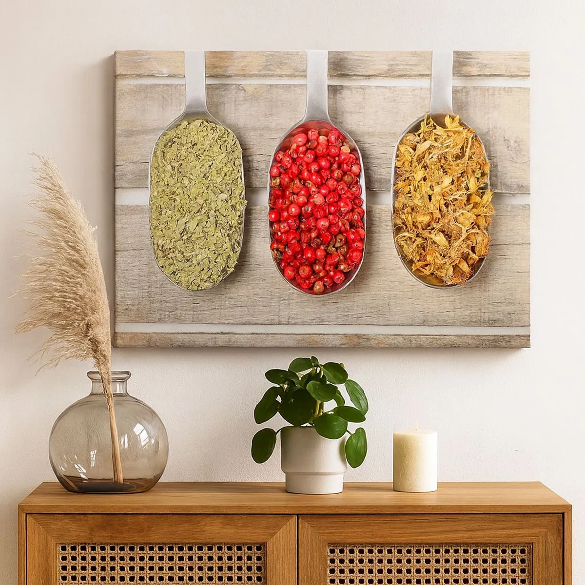 Tablou pe pânză Canvas - Trei linguri metalice cu condimente pe un fundal de lemn - 70x50cm - Magia bucătăriei - Decorațiune modernă pentru perete pentru living și dormitor ARTTOR