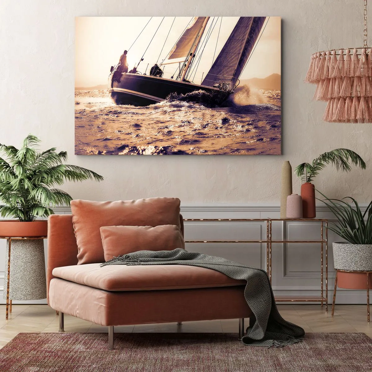 Tablou pe pânză Canvas - Un iaht pe o mare furtunoasă în lumina soarelui care apune - 70x50cm - Pânzele sunt gata - Decorațiune modernă pentru perete pentru living și dormitor ARTTOR