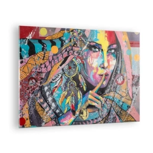 Tablou pe sticlă - Portret colorat al unei femei cu motive etnice și pene - 70x50cm - Taci până când înțelegi - Decorațiune modernă pentru perete pentru living și dormitor ARTTOR