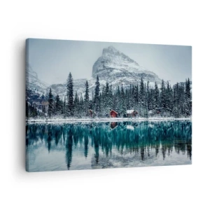Tablou pe pânză Canvas - Peisaj de iarnă cu căsuțe în pădure lângă un lac înghețat - 70x50cm - Refugiu canadian - Decorațiune modernă pentru perete pentru living și dormitor ARTTOR