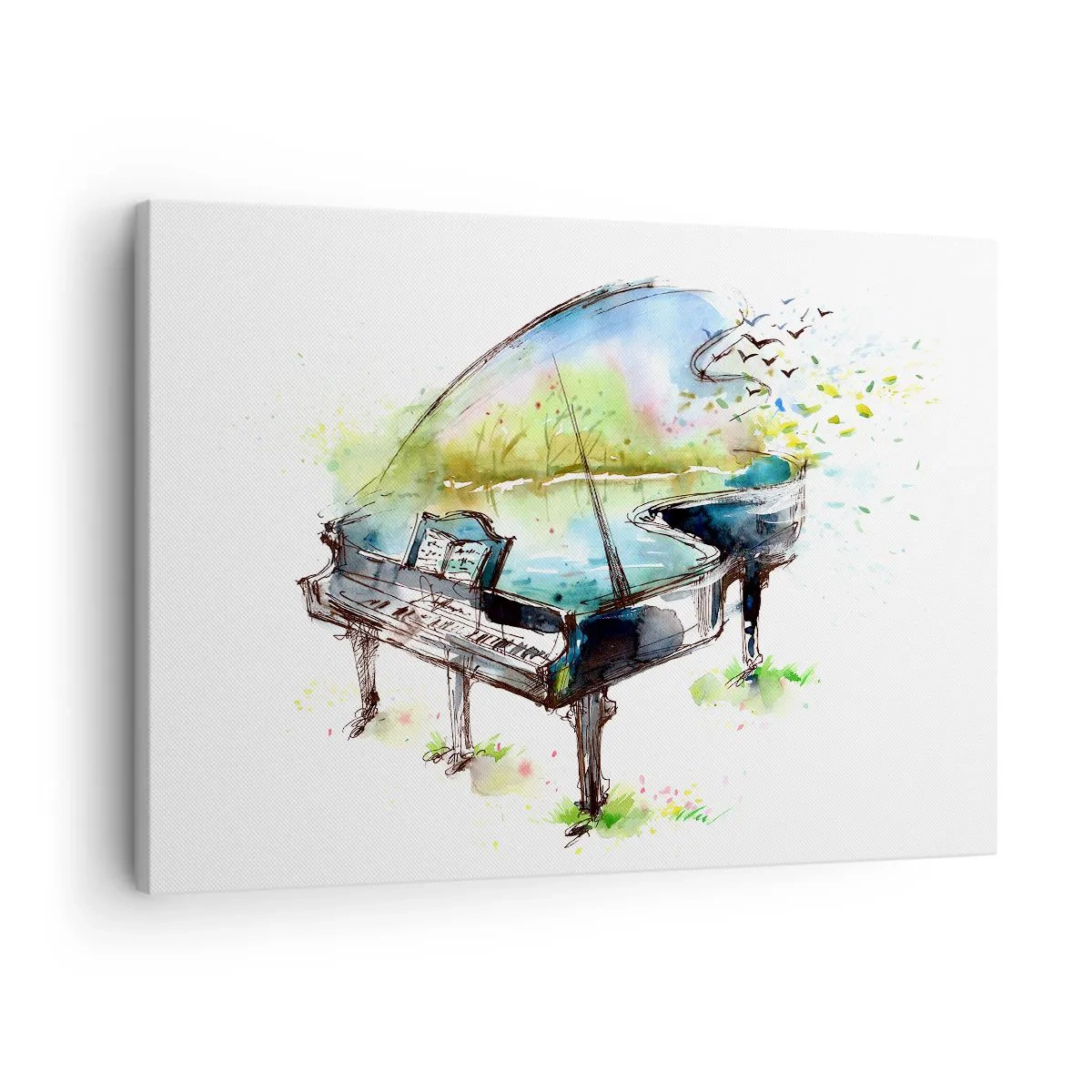 Tablou pe pânză Canvas - Pictură artistică în acuarelă a unui pian cu natura în fundal - 70x50cm - Încântat de muzică - Decorațiune modernă pentru perete pentru living și dormitor ARTTOR