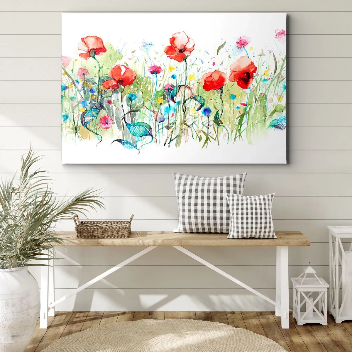 Tablou pe pânză Canvas - O pajiște cu maci roșii și flori colorate în acuarelă - 70x50cm - O pajiște înflorită în luna mai - Decorațiune modernă pentru perete pentru living și dormitor ARTTOR