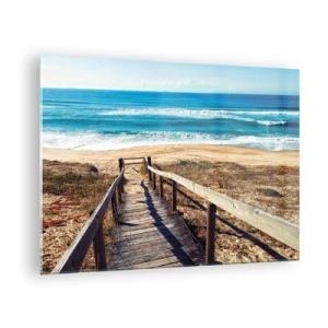 Tablou pe sticlă - Cale de lemn care duce la plajă cu vedere la ocean - 70x50cm - Aleargă! - Decorațiune modernă pentru perete pentru living și dormitor ARTTOR