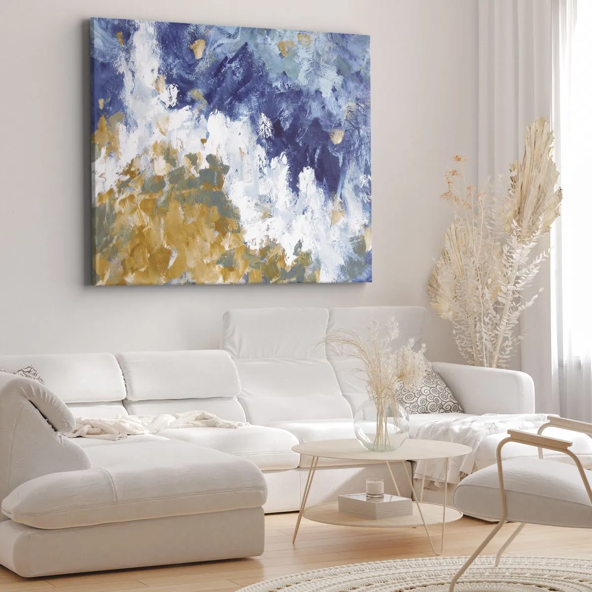 Tablou pe pânză Canvas - Abstracție în nuanțe de albastru, alb și auriu - 70x50cm - Dansul elementelor - Decorațiune modernă pentru perete pentru living și dormitor ARTTOR