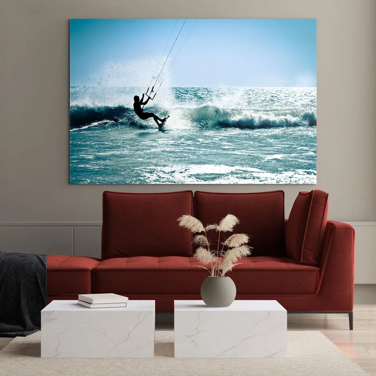Tablou pe sticlă - Kitesurfer pe valurile oceanului într-o zi însorită - 70x50cm - Lasă-te dus de val - Decorațiune modernă pentru perete pentru living și dormitor ARTTOR