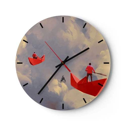 Ceas de perete - Ceas pe sticlă - Două bărci roșii pe un cer înnorat - 30x30cm - Expediția visătorilor - Decorațiune modernă pentru perete pentru living, bucătărie și dormitor ARTTOR