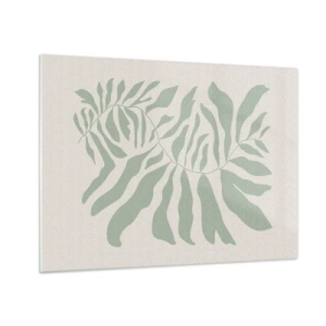 Tablou pe sticlă - O ramură de smarald cu forme organice pe un fundal deschis - 70x50cm - Ramura de smarald - Decorațiune modernă pentru perete pentru living și dormitor ARTTOR