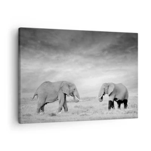 Tablou pe pânză Canvas - Doi elefanți pe fundalul savanei africane - 70x50cm - Griul elefantin este frumos - Decorațiune modernă pentru perete pentru living și dormitor ARTTOR