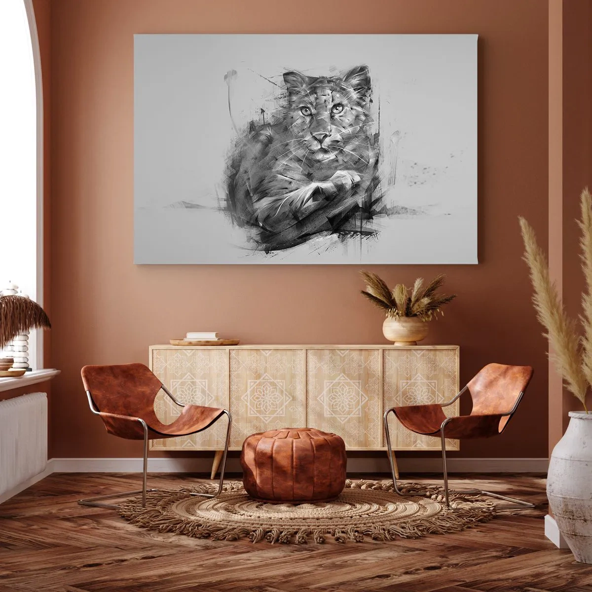 Tablou pe pânză Canvas - Portret alb-negru al unui leu într-un stil artistic cu linii dinamice. - 70x50cm - Da, te ascult cu atenție - Decorațiune modernă pentru perete pentru living și dormitor ARTTOR