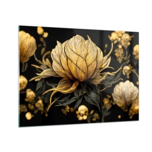 Tablou pe sticlă - Flori aurii pe fundal negru într-o compoziție elegantă - 70x50cm - Fragilitate subtilă - Decorațiune modernă pentru perete pentru living și dormitor ARTTOR