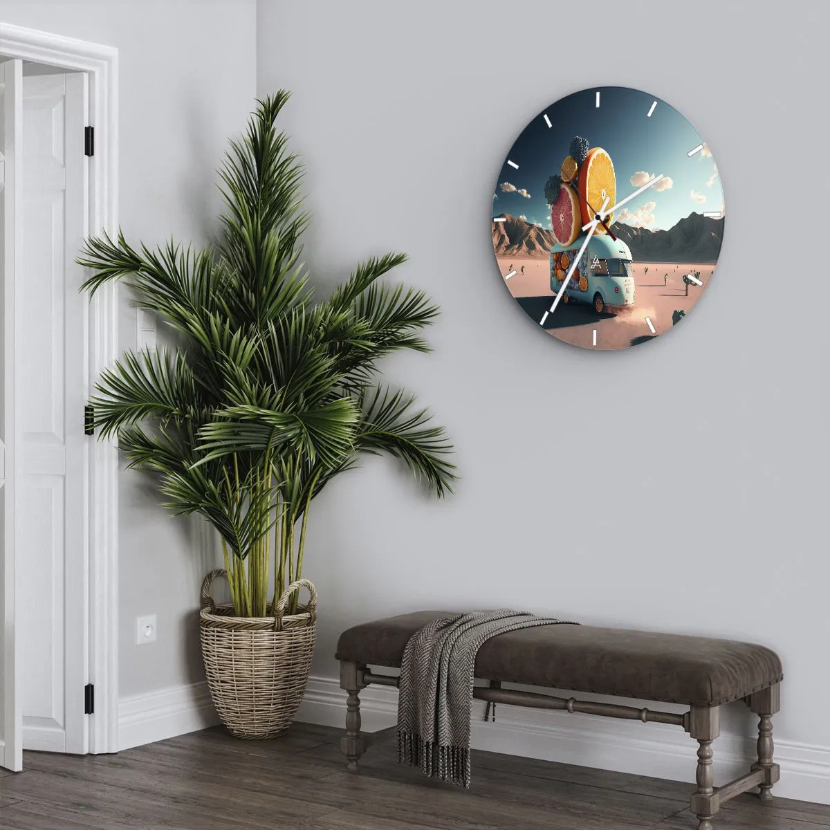 Ceas de perete - Ceas pe sticlă - O rulotă cu mâncare turcoaz cu fructe și un fundal deșertic - 30x30cm - Gustul vacanței - Decorațiune modernă pentru perete pentru living, bucătărie și dormitor ARTTOR