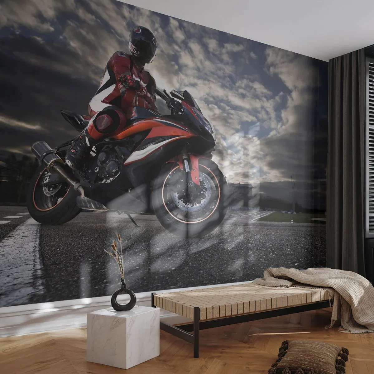 Tapet Standard Eco - Un motociclist pe o motocicletă sport pe fundalul norilor - 100x70cm - Călărețul întunecat - Decorațiune modernă pentru perete pentru living și dormitor ARTTOR
