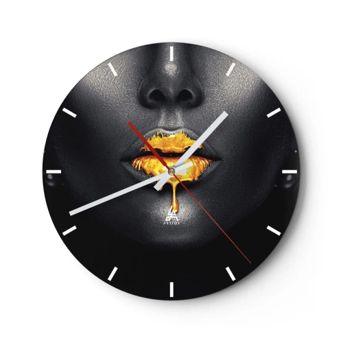 Ceas de perete - Ceas pe sticlă - Buze aurii pe fundal negru într-un stil artistic - 30x30cm - Buzele de aur - Decorațiune modernă pentru perete pentru living, bucătărie și dormitor ARTTOR