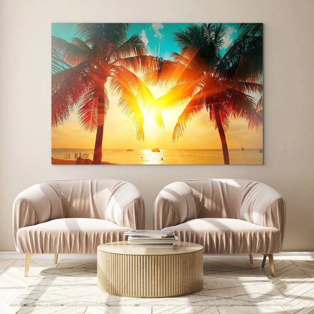 Tablou pe sticlă - Palmieri însoriți peste o plajă tropicală - 70x50cm - Cuplu exotic - Decorațiune modernă pentru perete pentru living și dormitor ARTTOR