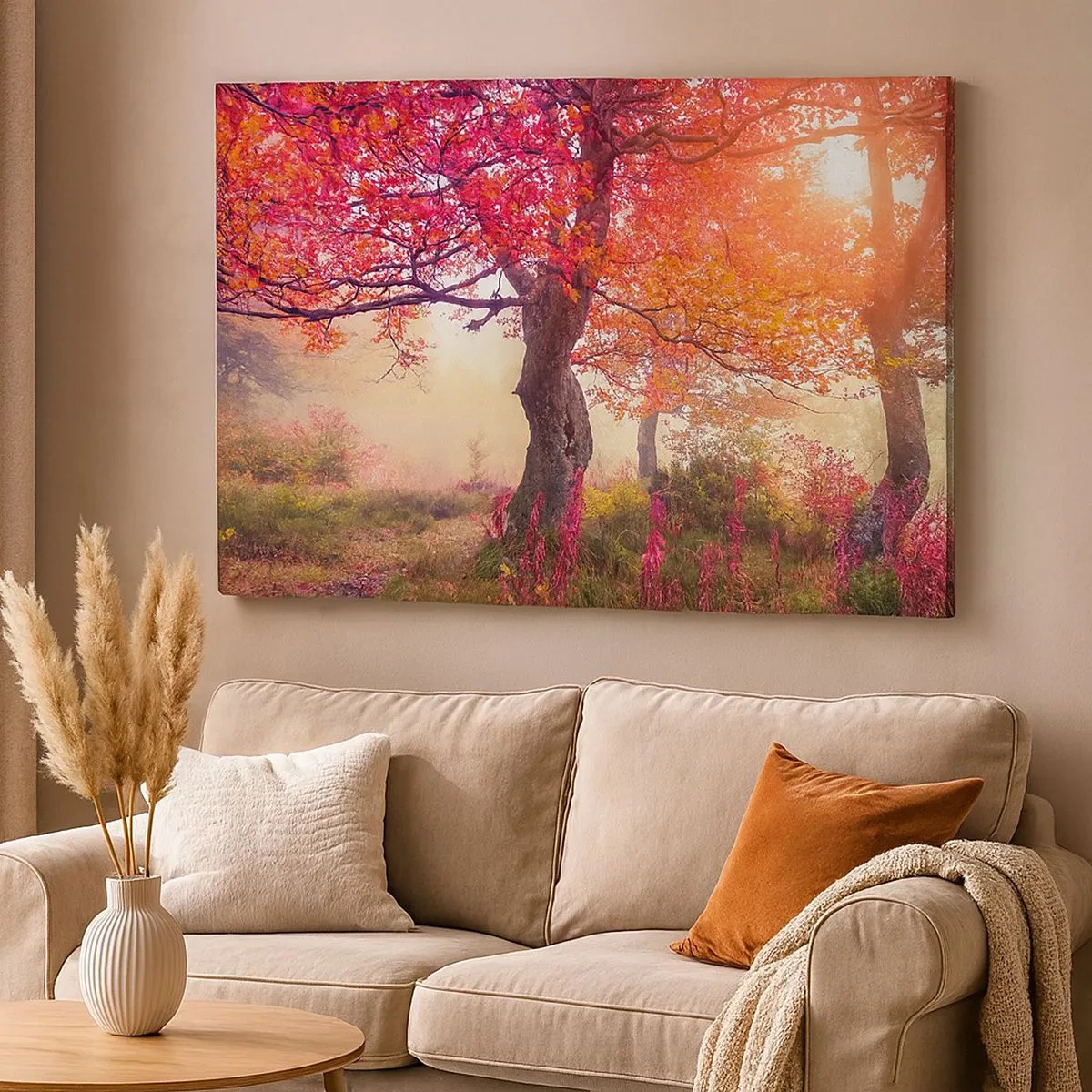 Tablou pe pânză Canvas - Peisaj de toamnă cu copaci în culori intense - 70x50cm - O frenezie de înflorire - Decorațiune modernă pentru perete pentru living și dormitor ARTTOR