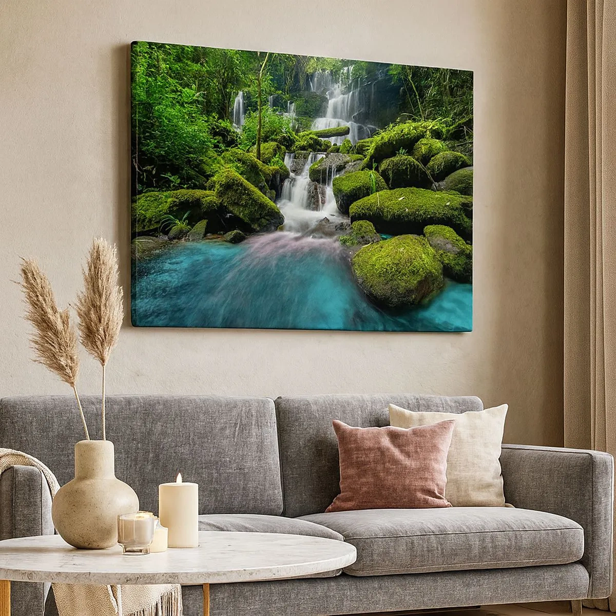 Tablou pe pânză Canvas - O cascadă tropicală înconjurată de verdeață și apă turcoaz - 70x50cm - Turcoaz, safir și argint lichid - Decorațiune modernă pentru perete pentru living și dormitor ARTTOR