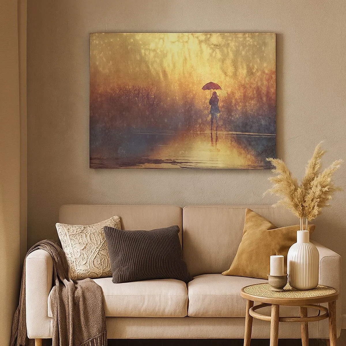 Tablou pe pânză Canvas - O figură cu o umbrelă într-un peisaj cețos plin de reflexii - 70x50cm - Simt că cineva se uită la mine - Decorațiune modernă pentru perete pentru living și dormitor ARTTOR