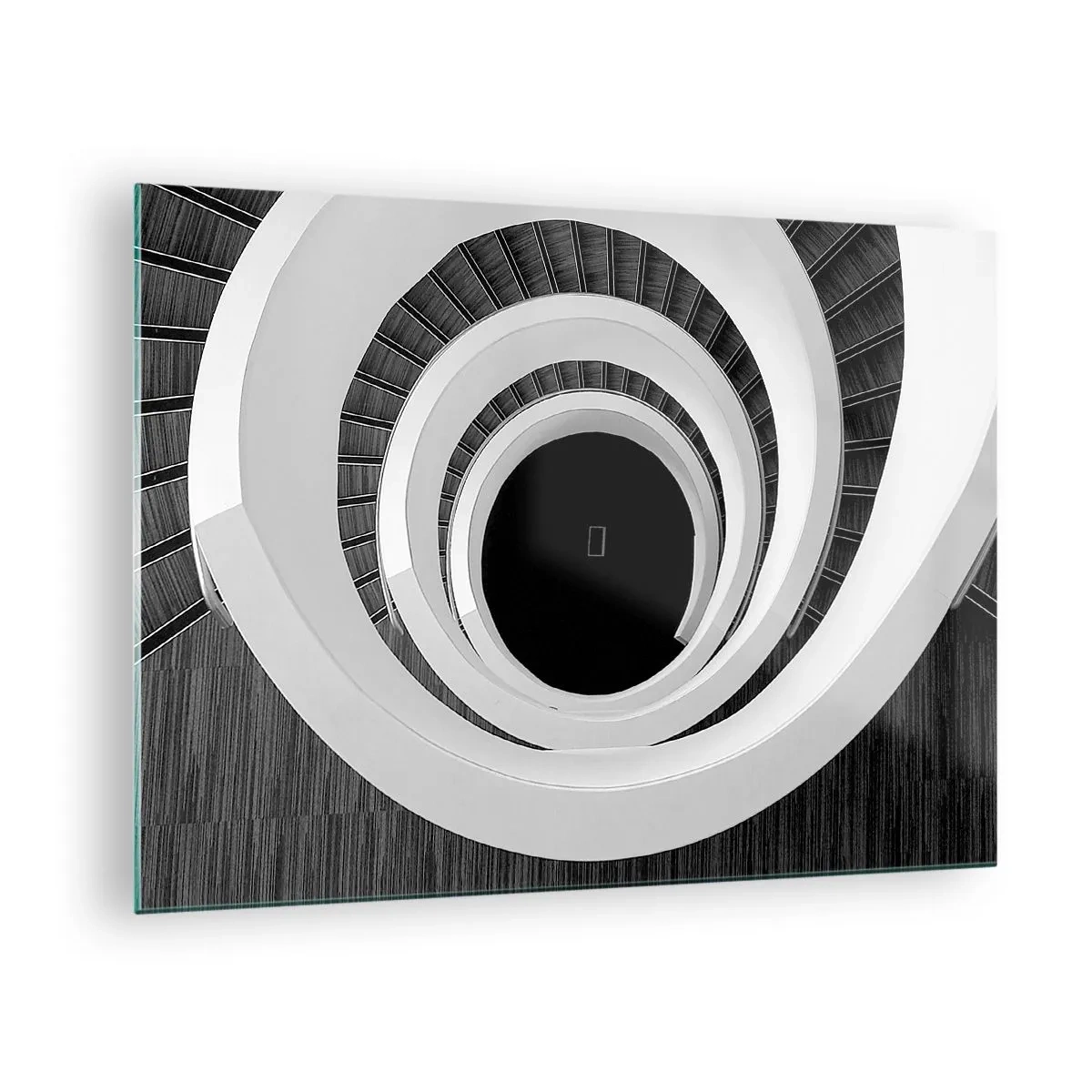 Tablou pe sticlă - Scară în spirală alb-negru de sus - 70x50cm - Până la miez - Decorațiune modernă pentru perete pentru living și dormitor ARTTOR