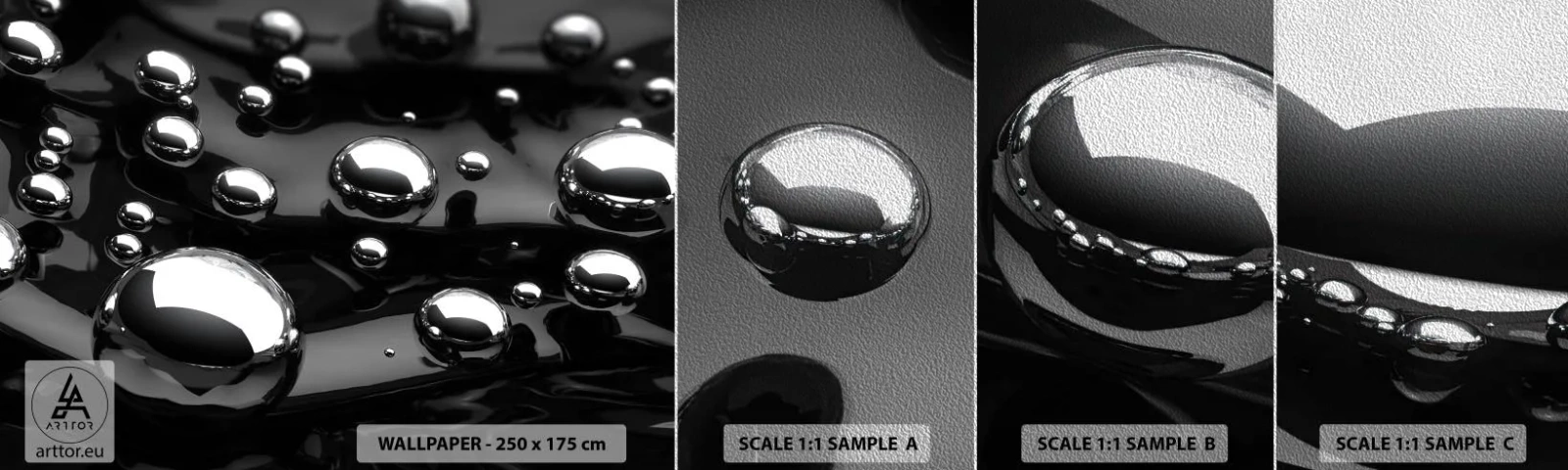 Mostră tapet Premium Sand - Din adâncurile negre - Abstracția, Mingi cromate, 3D - 100x30 cm