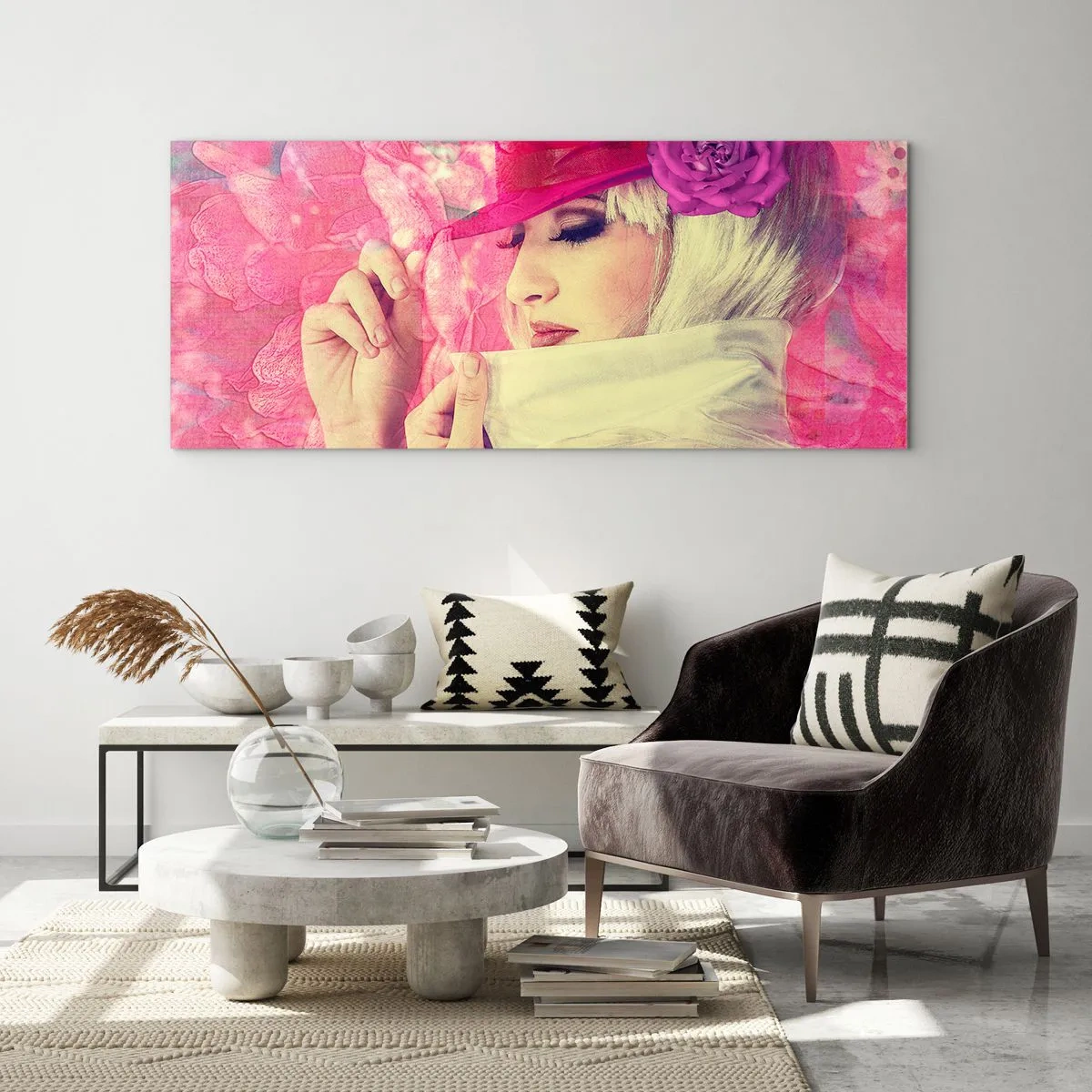 Tablou pe sticlă - Portret retro în roz - 160x50 cm