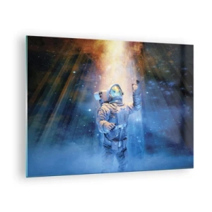 Tablou pe sticlă - Un astronaut în spațiu, iluminat de raze de lumină - 70x50cm - În cele din urmă am ajuns - Decorațiune modernă pentru perete pentru living și dormitor ARTTOR