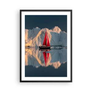 Poster în ramă neagră - Vela roșie a unei bărci pe fundalul ghețarilor și al apelor calme - 50x70cm - La capătul lumii - Decorațiune modernă pentru perete pentru living și dormitor ARTTOR